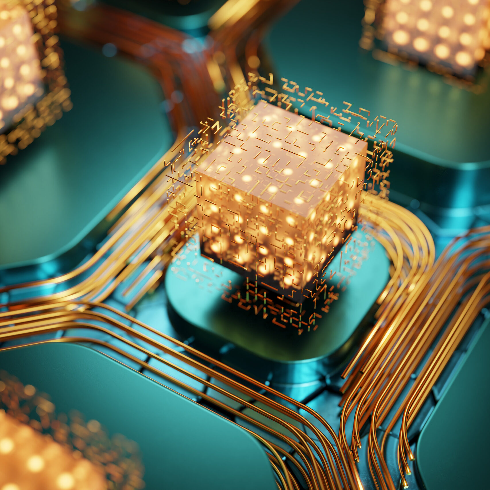 Quantum computing image of golden cubes