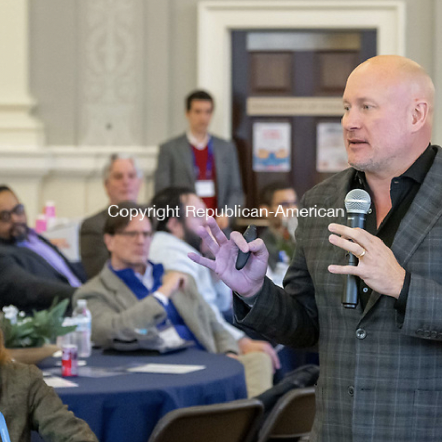 photo of Daniel H. O'Keefe Commissioner, Department of Economic and Community Development for the state of Connecticut, as the guest speaker at the QuantumCT community event at Waterbury City Hall.