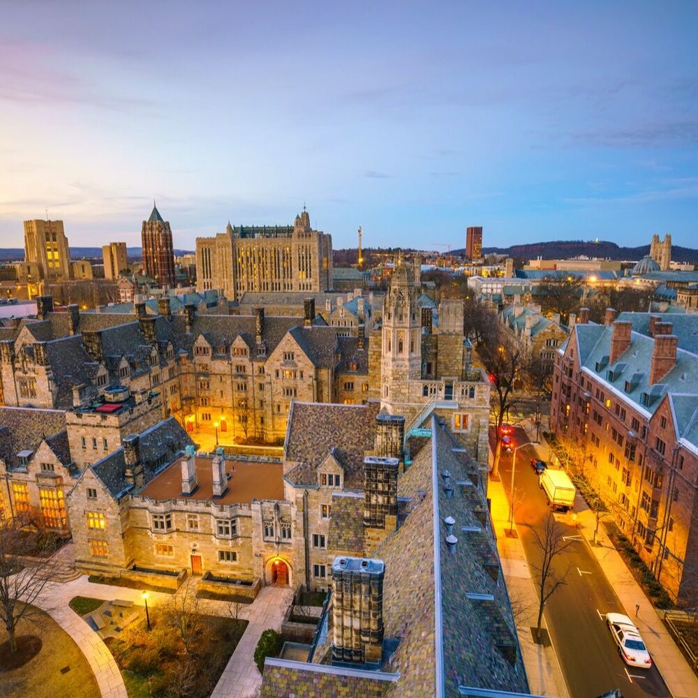 aerial photo of the architecture of downtown new haven during the dawn/early morning.